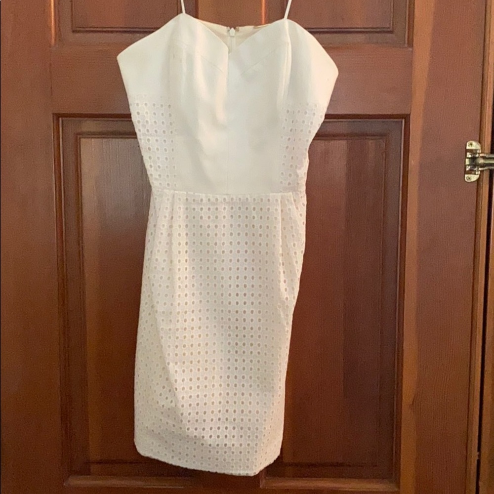 White strapless eyelit lace dress